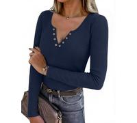 Aottori Maglietta Donna Manica Lunga con Bottoni Maglia Scollo a V Aderente Sexy Shirt Costine Basic Tops Slim Fit Casual Party Blu Scuro L