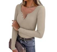 Aottori Maglietta Donna Manica Lunga con Bottoni Maglia Scollo a V Aderente Sexy Shirt Costine Basic Tops Slim Fit Casual Party Beige L