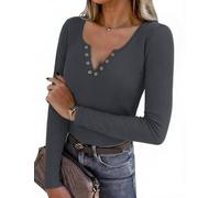 Aottori Maglietta Donna Manica Lunga con Bottoni Maglia Scollo a V Aderente Sexy Shirt Costine Basic Tops Slim Fit Casual Party Grigio Scuro L