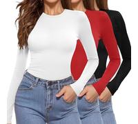 Aottori Pacco da 3 Maglia Donna Girocollo Maglietta Manica Lunga Aderente Basic Top Elegante Intimo Traspirante Elasticizzato Termico Sottogiacca Nero+Bianco+Rosso XL