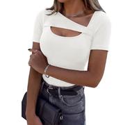 Aottori T-Shirt Donna Manica Corta Scollo Asimmetrico a Coste Slim Fit | Maglietta, Estiva, Basic Top, Elasticizzato Elegante, Shirts, Sexy Casual