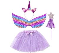 AOUVT 4 Pcs Gonna Unicorno per Bambini, Set Cosplay di Unicorno, Vestito da Principessa Ali con Cerchietto Unicorno, Gonne da Bambina per Bambine dai 3 agli 8 Anni