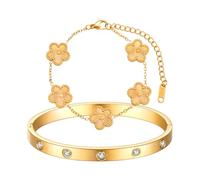 AOWVUTS 2 Pezzi Bracciale Quadrifoglio Placcato Oro 18 Carati Bracciale con Trifoglio Fortunato Acciaio Inossidabile Braccialetto Regolabili con Cristallo Gioielli Regalo Amicizia per Donne (Oro)