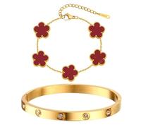 AOWVUTS 2 Pezzi Bracciale Quadrifoglio Placcato Oro 18 Carati Bracciale con Trifoglio Fortunato Acciaio Inossidabile Braccialetto Regolabili con Cristallo Gioielli Regalo Amicizia per Donne (Rosso)
