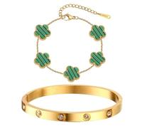 AOWVUTS 2 Pezzi Bracciale Quadrifoglio Placcato Oro 18 Carati Bracciale con Trifoglio Fortunato Acciaio Inossidabile Braccialetto Regolabili con Cristallo Gioielli Regalo Amicizia per Donne (Verde)