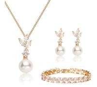 AOWVUTS 3 Pezzi Sposa Set di Gioielli Parure Collana con Ciondolo Perle Orecchini e Bracciale Set Parure Gioielli da Sposa in Oro Scintillanti Zirconia Cubica Bigiotteria Festa Regalo per Donne