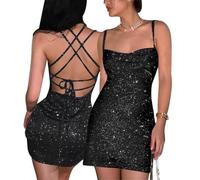 AOWVUTS Abito Corto Paillettes Donna Abito Senza Maniche Sexy Estivo Mini Vestito Aderente Spaghetti Strap Abito Senza Schienale Elegante Abito da Sera Cocktail Casual Discoteca Festa