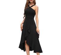 AOWVUTS Abito da Cocktail Donna Cinghie Festose Abiti da Sera Lungo Senza Manica Elegante Abitos Maxi con Orlo a Volant Vestito Linea A Alti Bassi Matrimonio Ospite Abito da Damigella Party Ballo