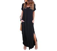 AOWVUTS Abito Donna Estivo Vestiti Casual Scollo a V Manica Corta T-Shirt Vestito Lungo Tinta Unita Abiti Estivi Allentato con Tasche Estiti Casual da Donna
