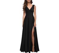 AOWVUTS Abito Lungo da Cerimonia Donna Abiti Maxi con Scollo a V Senza Maniche Vita Alta Elegante Vestito Linea ad A con Spacco Sexy Abito da Damigella Ballo Cocktail Sera
