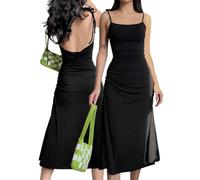 AOWVUTS Abito Lungo Donna Vestito Estivo Spaghetti Strap Senza Maniche Vestitos Lunghi Sexy Senza Schienale Bodycon Abitos Aderente con Increspature Maxi Vestito Club Abito da Cocktail Sera Cerimonia