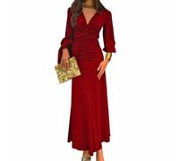 AOWVUTS Abito Lungo Donna Vestito Manica Lunga con Scollo a V Profondo Elegante Maxi Abito da Sera Increspato Causal Abiti Damigella d'Onore da Cerimonia Ballo Festa Cocktail Autunno Iinverno