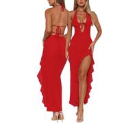 AOWVUTS Abito Lungo Sexy Donna Maxi Abito Senza Maniche Scollo a V Vestito Elegante Senza Schienale con Orlo a Volant Vestito da Sera Bodycon con Spacco per Discoteca Cerimonia Cocktail Festa