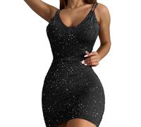 AOWVUTS Abito Paillettes Donna Corto Vestito Aderente Sexy Mini Abito Senza Maniche Spaghetti Strap Estivo Nero Abito Senza Schienale Bodycon Abito da Sera Casual Discoteca Cocktail Festa
