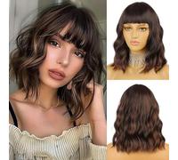 AOWVUTS Bob Parrucche Ondulato con Frange per Donne Parrucca Corta Lunghezza Spalla Naturali Capelli Sintetica Resistente al Calore Parrucca Ricci Ondulati Cosplay per Festa Guotidiana