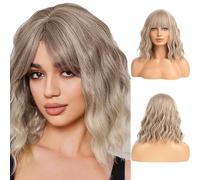 AOWVUTS Bob Parrucche Ondulato con Frange per Donne Parrucca Corta Lunghezza Spalla Naturali Capelli Sintetica Resistente al Calore Parrucca Ricci Ondulati Cosplay per Festa Guotidiana