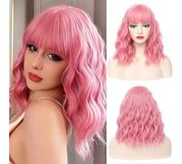 AOWVUTS Bob Parrucche Ondulato con Frange per Donne Parrucca Corta Lunghezza Spalla Naturali Capelli Sintetica Resistente al Calore Parrucca Ricci Ondulati Cosplay per Festa Guotidiana