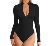 AOWVUTS Body Donna Maniche Lunghe Collo Alto/Collo a V Bodysuit con Zip Frontale Aderente Bodysuits Tops Sexy Body da Donna Manica Lunga Elegante Basic T-Shirt Casuale Elasticizzato Tuta Jumpsuits