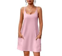 AOWVUTS Camicia da Notte Donna Pigiama Casual Senza Maniche Estivo Sexy Sottoveste Cinturino Corta Vestaglia con Spalline Regolabili Abito da Notte Sciolto con Tasca per Casa