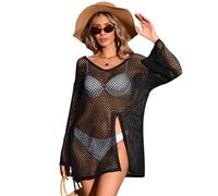 AOWVUTS Copricostume Donna Mare Vestito da Spiaggia con Crochet Copricostume da Bagno a Manica Lunga Scollo a V Abito Coprire Hollow out Sexy Bikini Cover up Spacco Camicetta Maglia