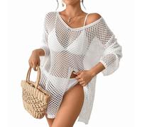 AOWVUTS Copricostume Donna Mare Vestito da Spiaggia con Crochet Copricostume da Bagno a Manica Lunga Scollo a V Abito Coprire Hollow out Sexy Bikini Cover up Spacco Camicetta Maglia