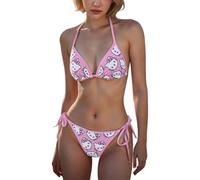 AOWVUTS Costume da Bagno Donna Brasiliana Due Pezzi Bikini Set Costumi da Mare Imbottito Reggiseno Bikini Top Triangolo Tanga Spiaggia Ties-up Regolabili Swimsuit Stile Anime Beachwear Swimwear Estate