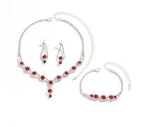 AOWVUTS Cristallo Set di Gioielli da Sposa Donne Argento Parure Gioielli con Strass Rotondo Collana Orecchini Pendenti Bracciale Set Gioielli da Zirconia Cubica (Rosso)