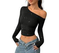 AOWVUTS Maglietta a Manica Lunga Donna con Paillettes Sexy Monospalla Crop Top Elegante Glitter Corto Tops Elasticizzato Basic Slim Fit T-Shirt Maglia Aderente Autunno per Club Festa Carnevale