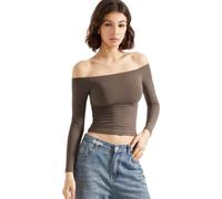 AOWVUTS Maglietta a Manica Lunga Donna con Spalle Scoperte Sexy Elegante Shirt Camicia Basic T-Shirt Y2K Crop Top Slim Fit Maglie Aderente Camicetta Tee Tops vestibilità Classica Donna