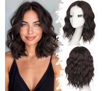 AOWVUTS Ondulato Bob Parrucca per le Donne Lunghezza Spalla Corta Parrucca Naturale Capelli Sintetici Parrucche con Parte Centrale Parrucche Ricci Resistenti al Calore per Cosplay Partito