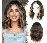 AOWVUTS Ondulato Bob Parrucca per le Donne Lunghezza Spalla Corta Parrucca Naturale Capelli Sintetici Parrucche con Parte Centrale Parrucche Ricci Resistenti al Calore per Cosplay Partito