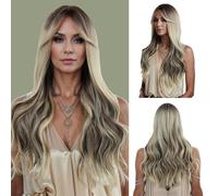 AOWVUTS Parrucca Lunga Ondulata Ombre Biondo con Frangia per le Donne 65cm Capelli Ricci Sintetici Naturali Parrucche Resistente al Calore per Uso Quotidiano Partito Cosplay