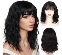 AOWVUTS Parrucca Ondulato Corta con Frangia Breve Ondulato Bob Parrucca per le Donne Naturale Capelli Sintetici Resistenti al Calore 15 Pollici per Festa Halloween Cosplay Riccia Guotidiana (Nero)