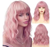 AOWVUTS Parrucca Ondulato Corta con Frangia Breve Ondulato Bob Parrucca per le Donne Naturale Capelli Sintetici Resistenti al Calore 15 Pollici per Festa Halloween Cosplay Riccia Guotidiana (Rosa)