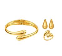 AOWVUTS Parure Gioielli Donna 14K Placcato Oro Lacrima Orecchini a Goccia Bracciale Bangle e Anelli Set Chunky Gioielli Regolabili Moda Anello Aperto Anallergici Regalo Anniversario (3)