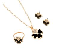 AOWVUTS Parure Gioielli Donna Quadrifoglio Set di Gioielli Zirconi Pendente Ciondolo Catena Regolabile Collana Orecchini Anello Set Fortunati Gioielli per Ragazze Donna (Nero)