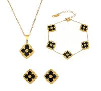 AOWVUTS Parure Gioielli Quadrifoglio da Donna 18K Placcato Oro Acciaio Inossidabile Fortunato Quadrifoglio Collana Orecchini Bracciali Set di Gioielli Regalo Anniversario per Amicizia (Nero)