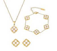 AOWVUTS Parure Gioielli Quadrifoglio da Donna 18K Placcato Oro Acciaio Inossidabile Fortunato Quadrifoglio Collana Orecchini Bracciali Set di Gioielli Regalo Anniversario per Amicizia (Bi)