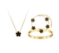 AOWVUTS Parure Gioielli Quadrifoglio da Donna 18K Placcato Oro Acciaio Inossidabile Fortunato Quadrifoglio Collana Bracciali Braccialetto Regolabili con Cristallo Set di Gioielli Amicizia Regalo (B)