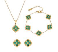 AOWVUTS Parure Gioielli Quadrifoglio da Donna 18K Placcato Oro Acciaio Inossidabile Fortunato Quadrifoglio Collana Orecchini Bracciali Set di Gioielli Regalo Anniversario per Amicizia (Verd)