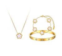 AOWVUTS Parure Gioielli Quadrifoglio da Donna 18K Placcato Oro Acciaio Inossidabile Fortunato Quadrifoglio Collana Bracciali Braccialetto Regolabili con Cristallo Set di Gioielli Amicizia Regalo (A)