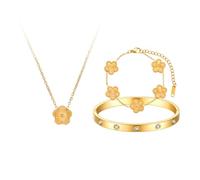AOWVUTS Parure Gioielli Quadrifoglio da Donna 18K Placcato Oro Acciaio Inossidabile Fortunato Quadrifoglio Collana Bracciali Braccialetto Regolabili con Cristallo Set di Gioielli Amicizia Regalo (C)