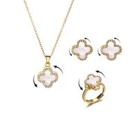 AOWVUTS Parure Gioielli Quadrifoglio da Donna Spinner Fortunato Quadrifoglio Collana Orecchini Anello Set con Zirconia Antistress Regolabile Set di Gioielli per Donna di Ansia (GW)
