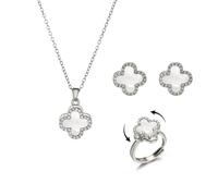 AOWVUTS Parure Gioielli Quadrifoglio da Donna Spinner Fortunato Quadrifoglio Collana Orecchini Anello Set con Zirconia Antistress Regolabile Set di Gioielli per Donna di Ansia (SW)