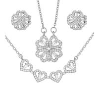 AOWVUTS Quadrifoglio Parure Gioiell, Set di Gioielli Donna Cristalli con Orecchini e Collana, Collana Quadrifoglio, Apribile Cuore Fortunato per Pendolarismo e Viaggio (argento)