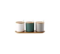 AOWVUTS Set di 3 Zuccheriera in Ceramica Barattoli Portaspezie con Coperchio e Cucchiaio e Vassoio, Contenitore Rotonda per Sale Strisce Opache, Barattolo per Spezie Condimento Box per Cucina (Colore)