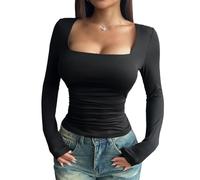 AOWVUTS T-Shirt da Donna Maglietta a Maniche Lunghe e Scollo Quadrato Slim Basic Top Camicette Sexy Eleganti Elasticizzato Crop Top Y2k Cropped Tops Aderente Tinta Unita Casual Streetwear