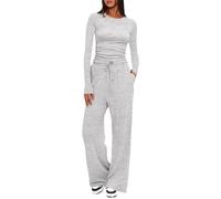 AOWVUTS Tuta Completa Donna 2 Pezzi Top a Manica Lunga Girocollo e Pantaloni a Gamba Larga con Tasche e Coulisse Tute Sportive Moda da Jogging Casual Elegante Set per Training Casa Fitness Pigiama