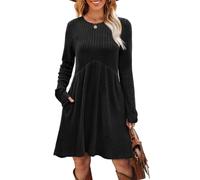 AOWVUTS Vestito Casual da Donna Abito a Maniche Lunghe Aderente Mini Abiti A Line Vita Alta Elegante Corto Vestiti Scollo Rotondo Invernali Autunnali con Tasche