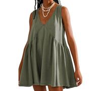 AOWVUTS Vestito Casual Donna Vestito Estivo Corto Senza Maniche Scollo a V Abiti Corto Vita Alta A-Line Mini Abito Abito da Spiaggia Elegante Abito a Canotta con Tasche